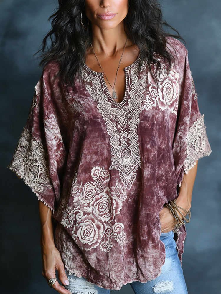 Women's Bohe Floral Tie Dye Art Print Flowy Linen Blend Casual Short Sleeve Tops