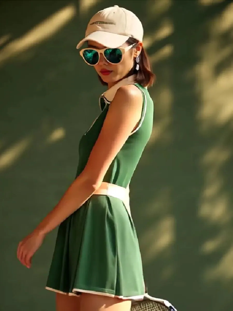 [24-hour shipping out]Casual Fashion Polo Neck White Trim Green Sleeveless Mini Dress