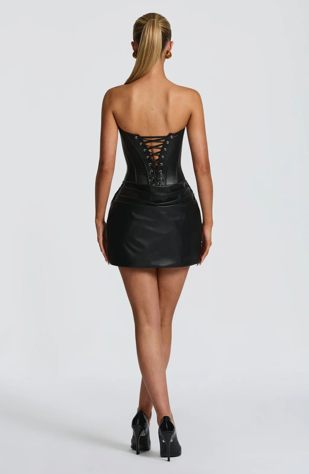 Black Faux Leather Strapless Corset Mini Dress - Edgy Ruched Bodycon Party Dress