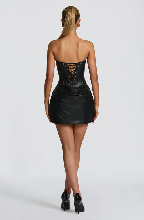 Black Faux Leather Strapless Corset Mini Dress - Edgy Ruched Bodycon Party Dress