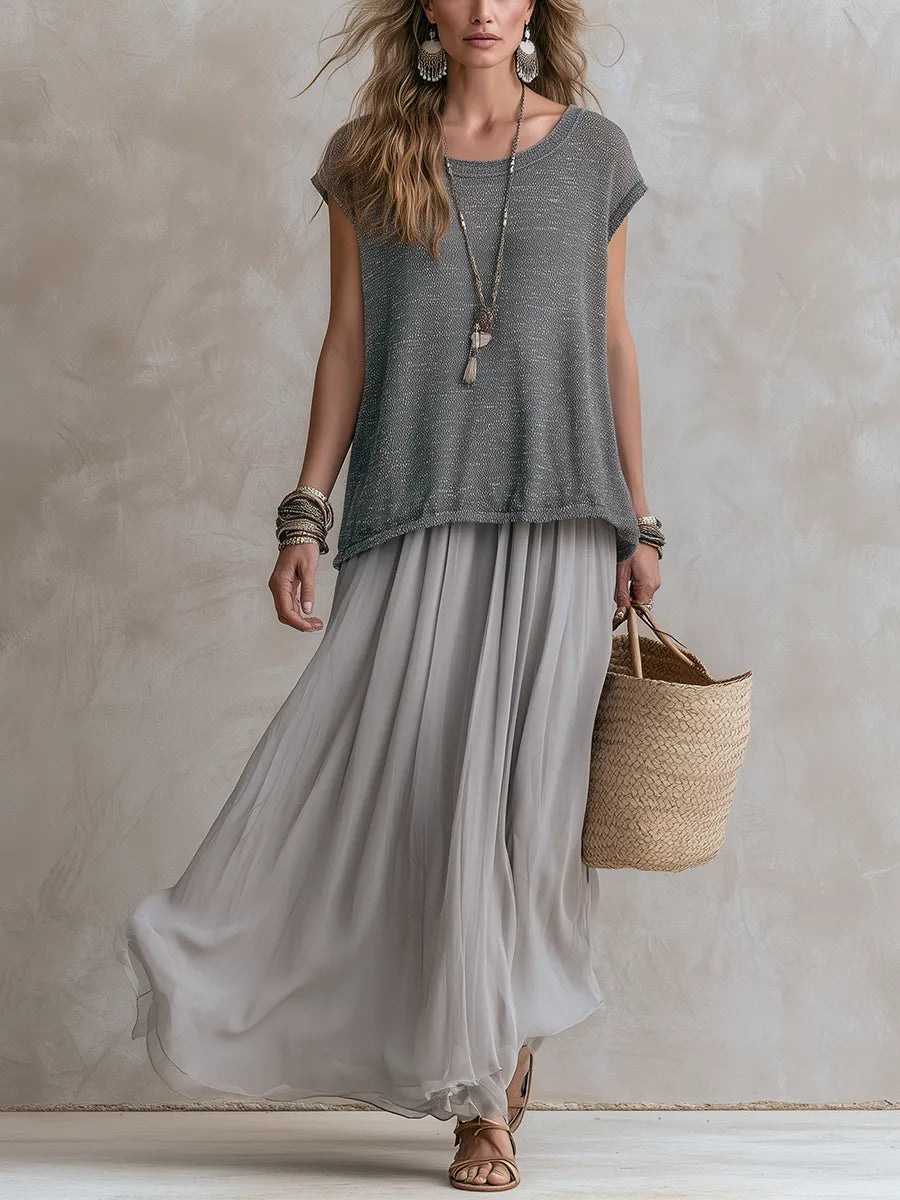 Elegant Gray Knit Top And Chiffon Skirt Set