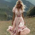 Women's Vintage Rose Embroidery Art Comfy Linen Maxi Dress