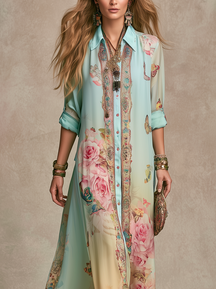 Baroque Style Mint Green Chiffon Floral Maxi Dress