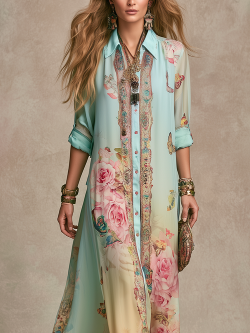 Baroque Style Mint Green Chiffon Floral Maxi Dress