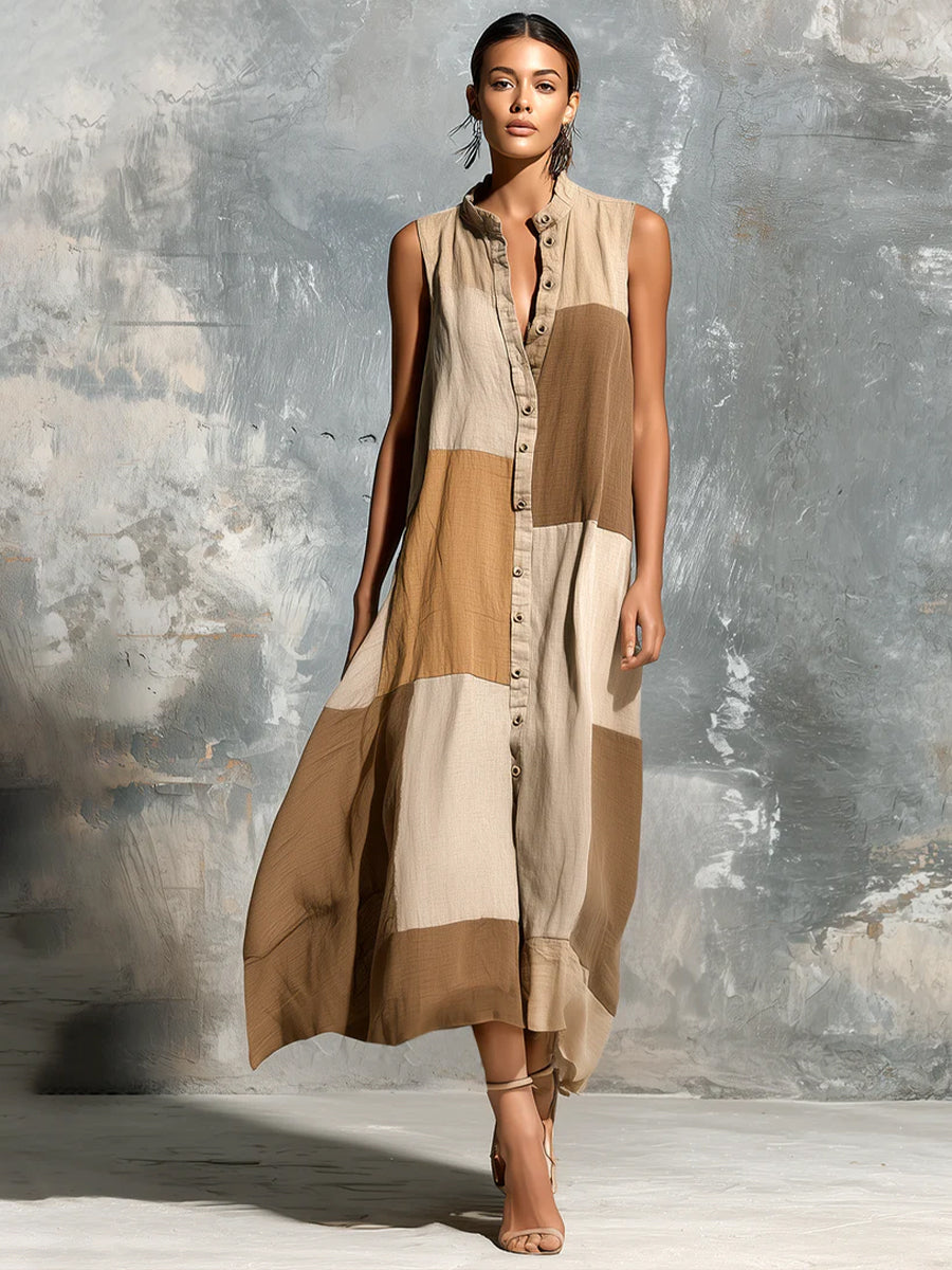Casual Color-block Sleeveless Linen And Cotton Dress
