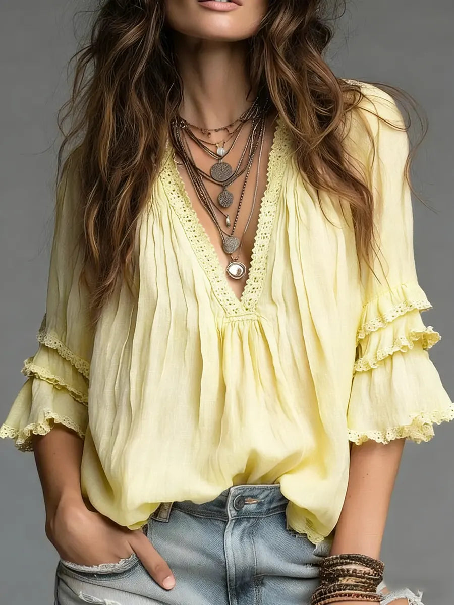 Women's V-neck Cotton And Linen Shirt
