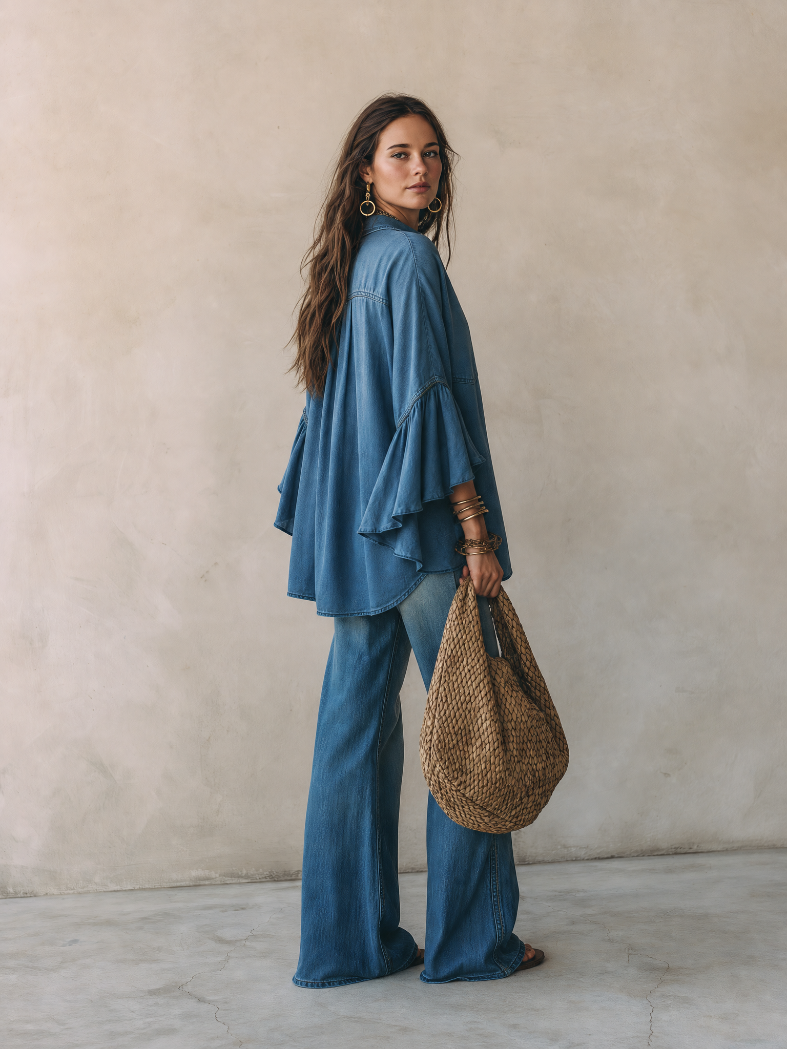 Effortless Chic Chambray Drop-Shoulder Flare-Sleeve Denim Blue Blouse