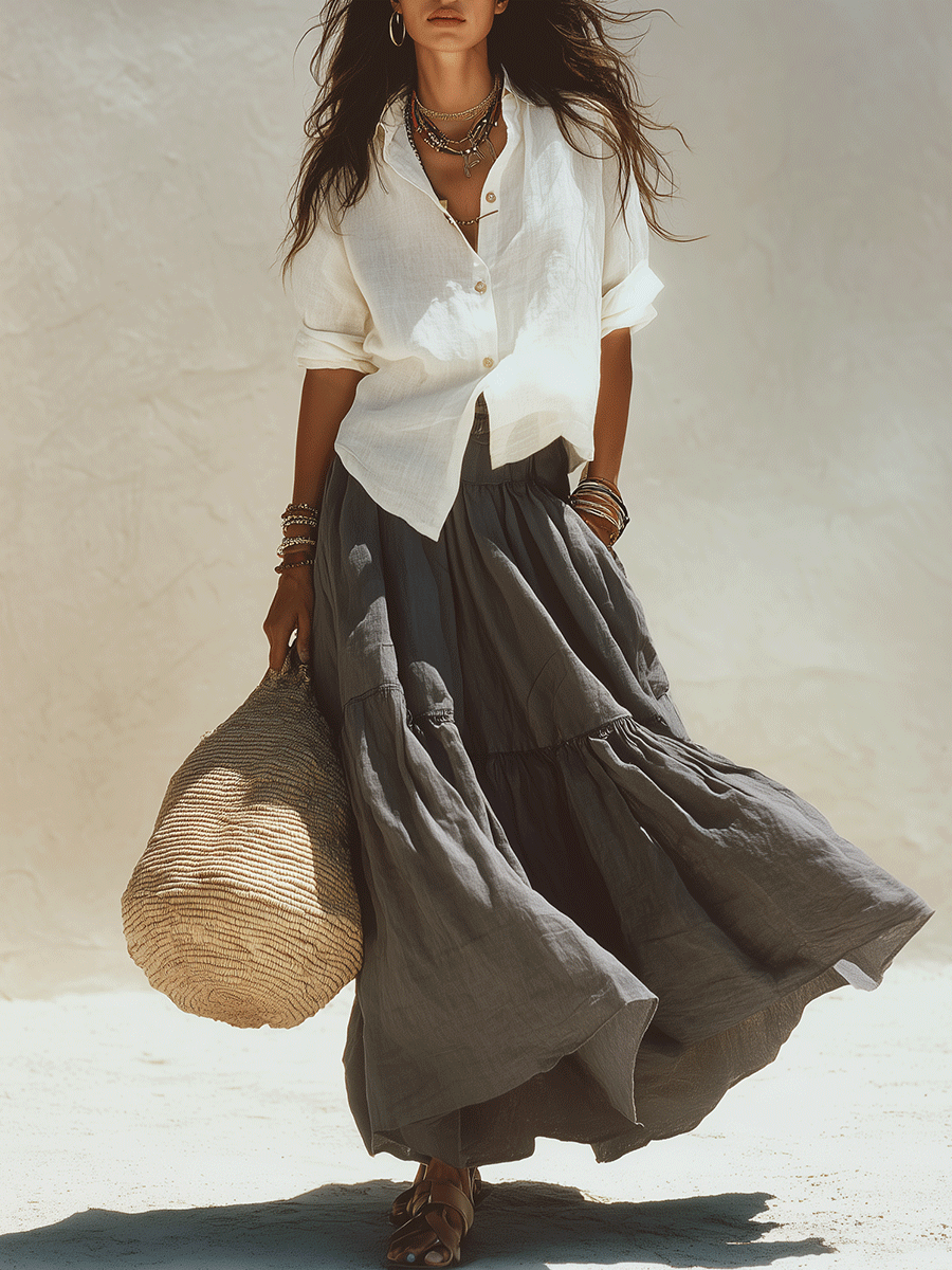 Relaxed Elegance Linen Shirt And Flowing Maxi Skirt