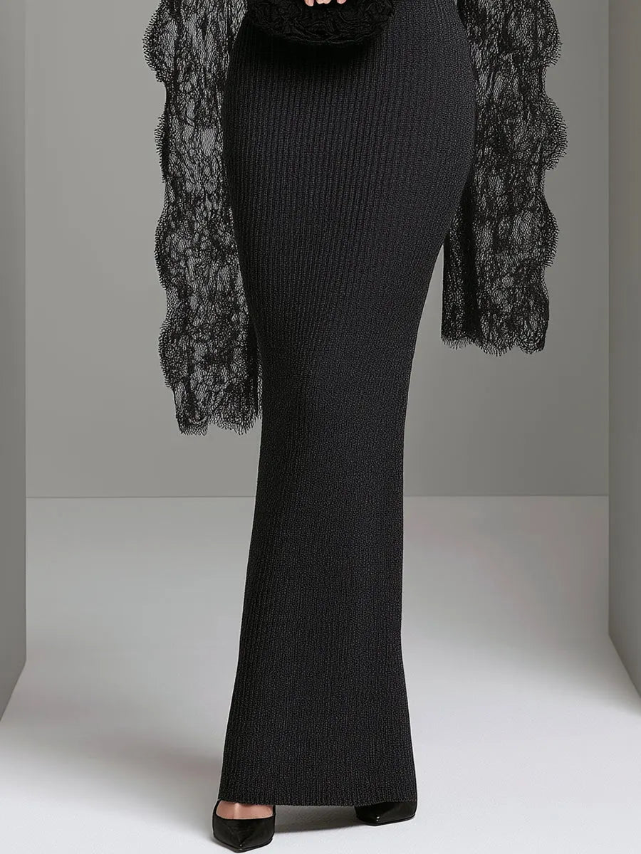 Lace Cape Ribbed Knit Maxi Dress