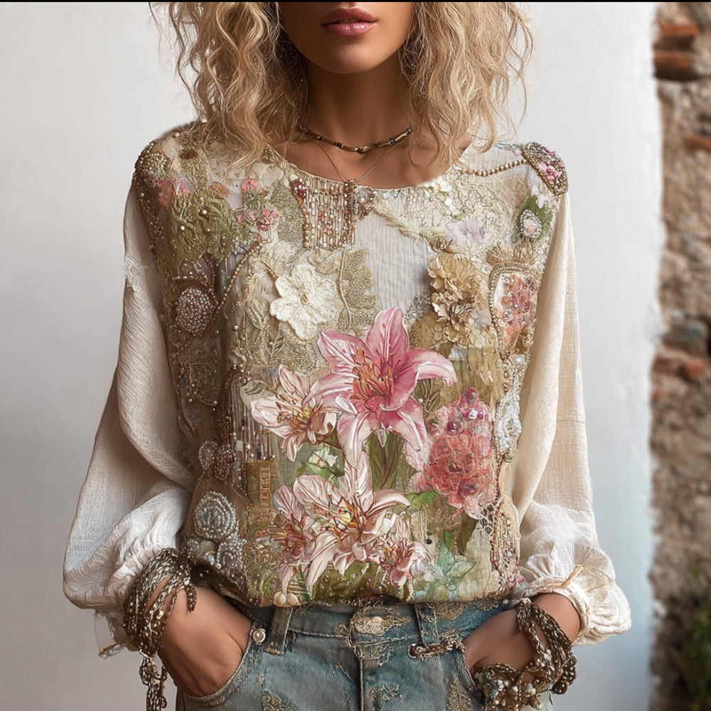 Bohème Lily Plant Printed Cotton Linen Round Neck Long Sleeve Top