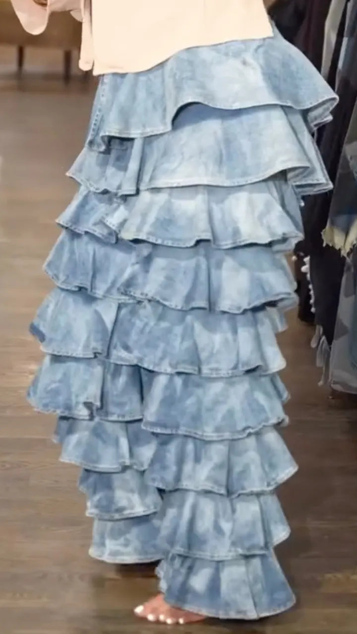 Light Blue Tiered Ruffle Denim Wide Leg Pants