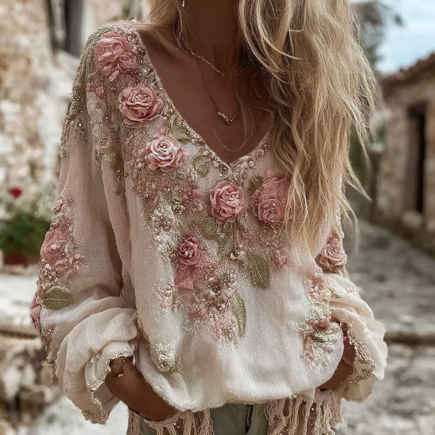Women's Vintage Roses Embroidery Art V-neck Long Sleeve Linen Blend T-shirt