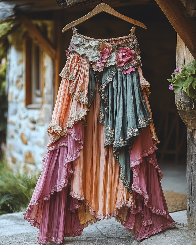 Summer ruffled cotton and linen patchwork contrast color skirt 22da