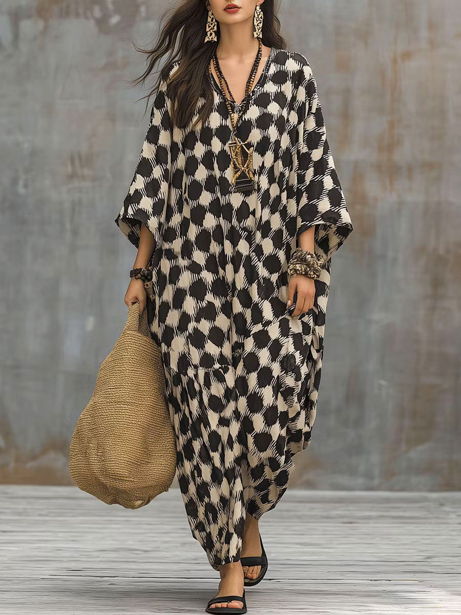 Women's Plaid Color Block Art Print Casual Cotton Linen Maxi Dress