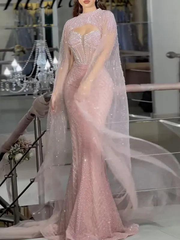 Paneled Shiny Long Sleeves V-neck Maxi Dresses