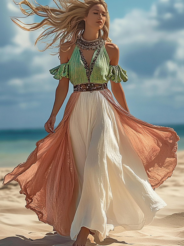 Summer vacation fashion elegant contrast color dress 8d88