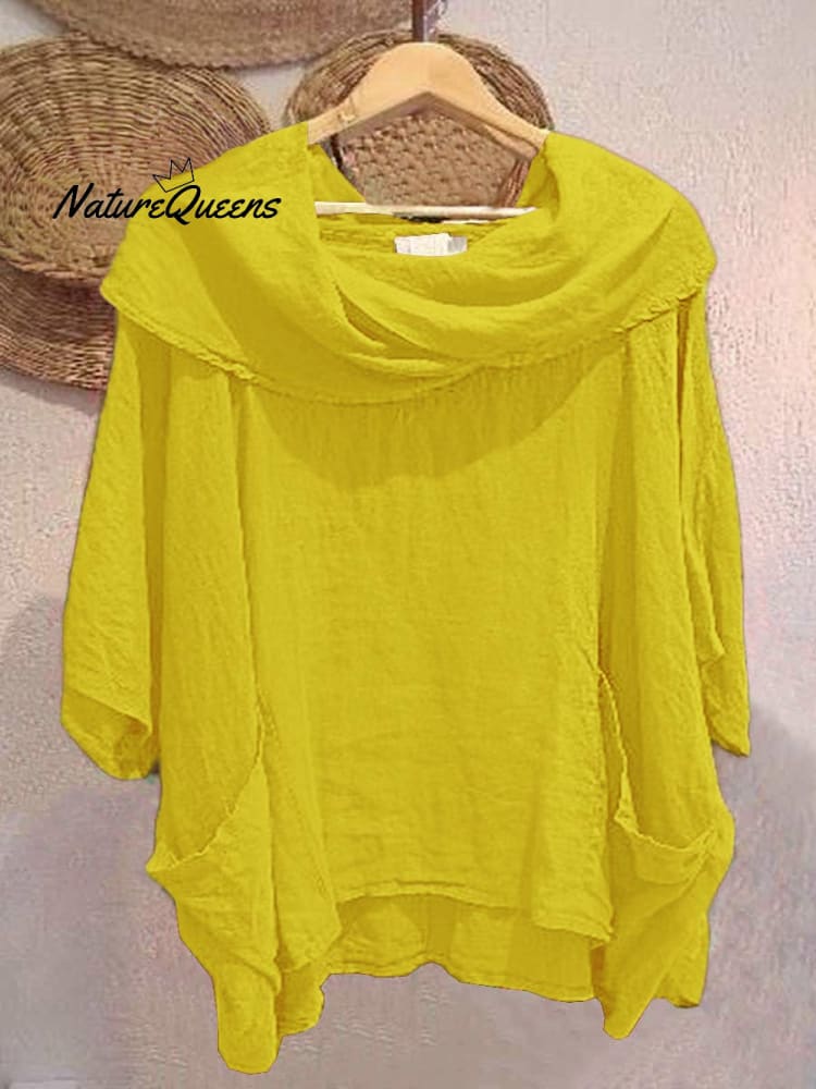 Women's Solid Color Draped Neck 3/4 Sleeve Comfortable Casual Linen Pocket Top