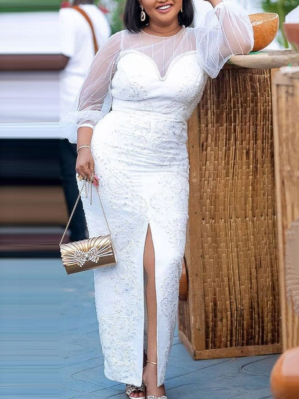 Simple Long Sleeve Mesh Long Sleeve Split-Side White Maxi Dress