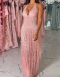 Halter Deep V Corset Pink Glitter Fringe Maxi Evening Gown, Vertical Beaded Sheer Formal Party Dress