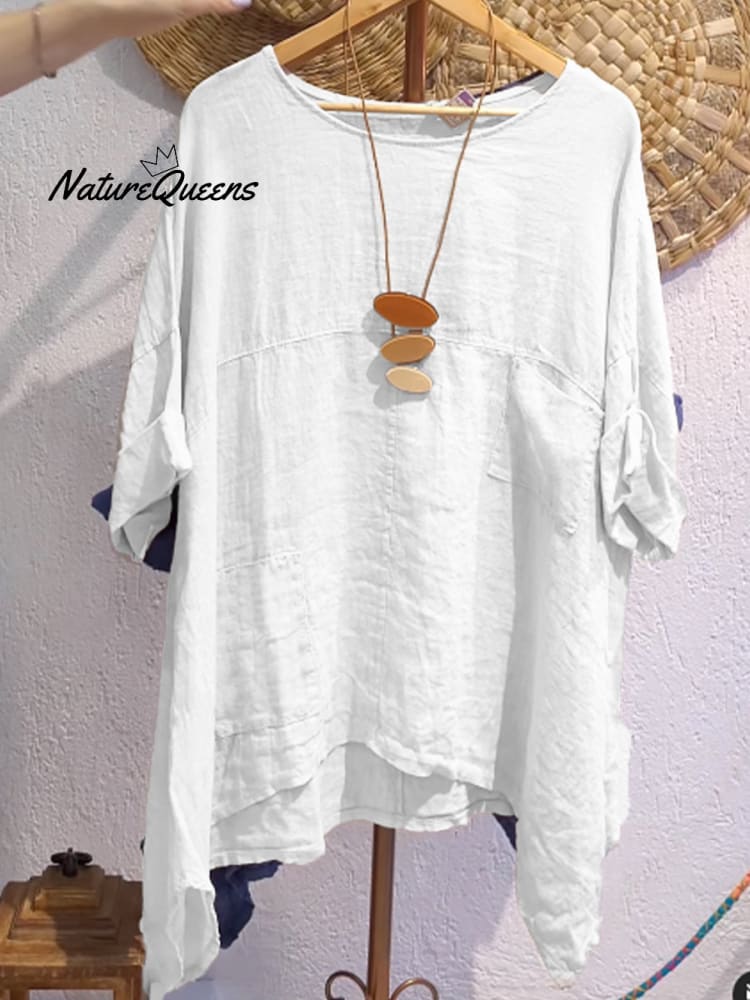 Women's Casual Cotton and Linen Round-neck Shirt