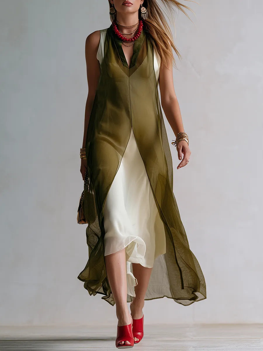 Bohemian Olive Green Sheer Overlay Contrast Layer Maxi Dress