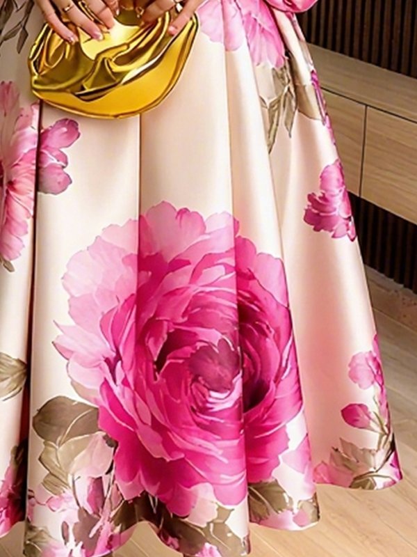 A-Line Long Sleeves Elasticity Flower Print Pleated Mock Neck Maxi Dresses