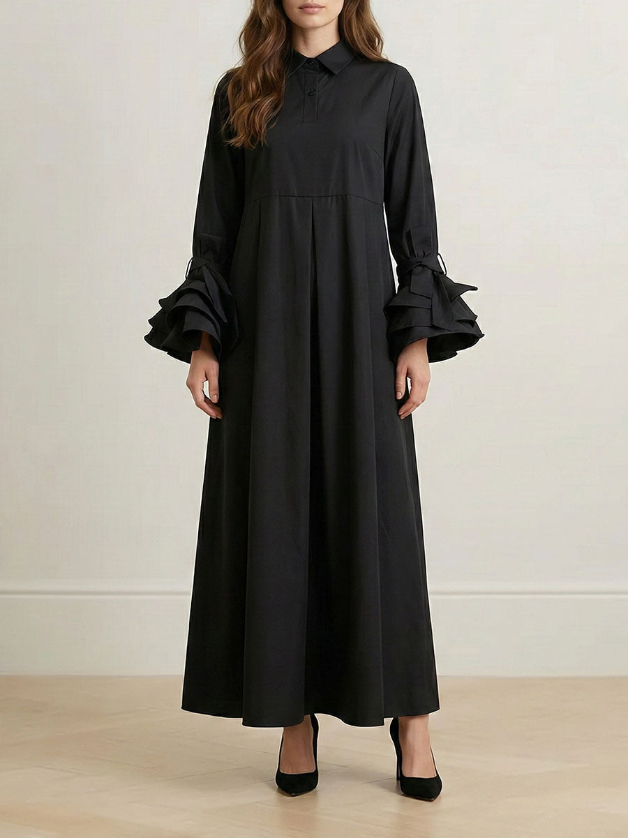 Flared Sleeves Pleated Solid Color Split-Joint Lapel Maxi Dresses Shirt Dress