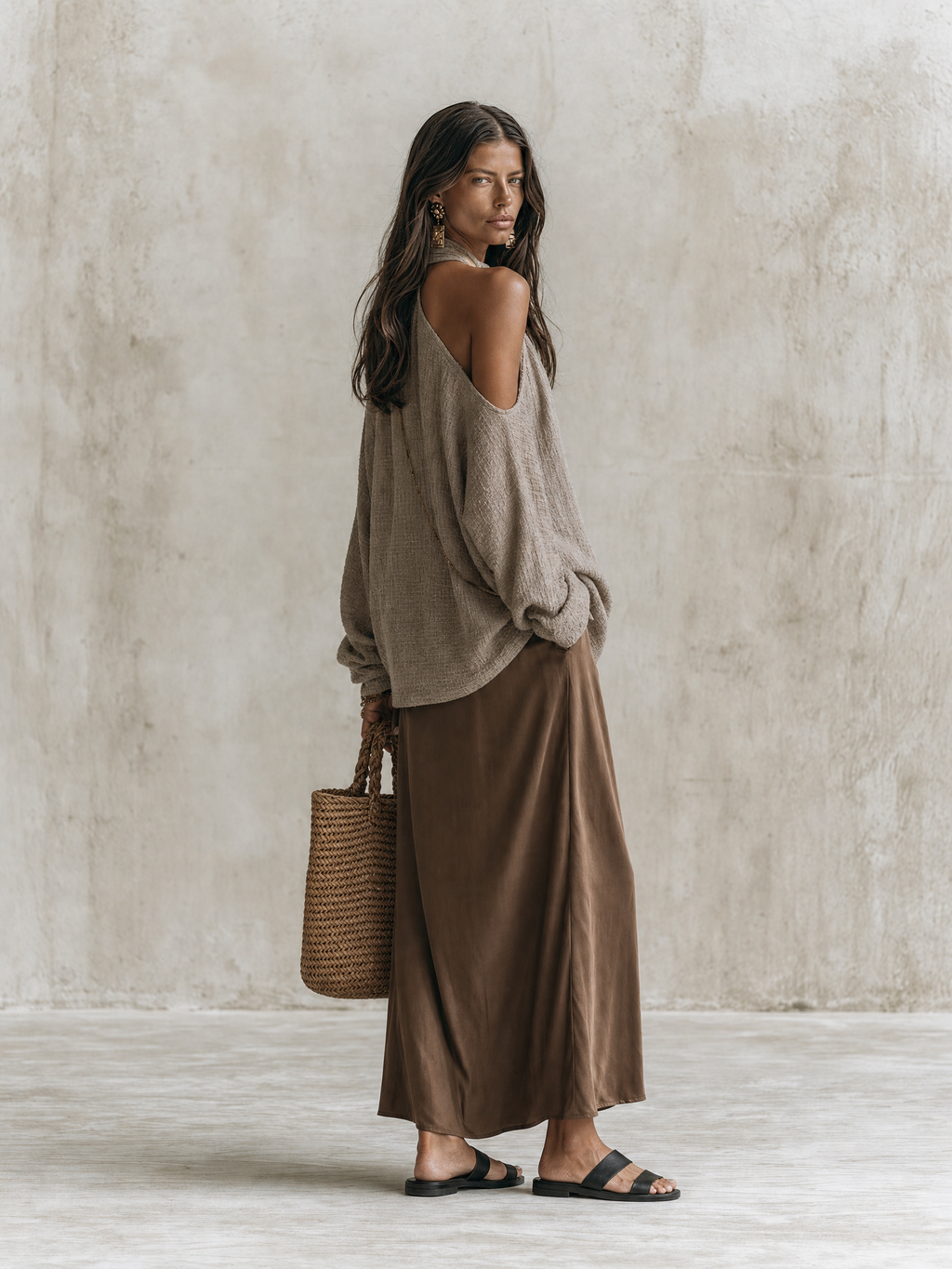 Effortless Chic Taupe Knit Sweater & Brown Satin Maxi Skirt Set