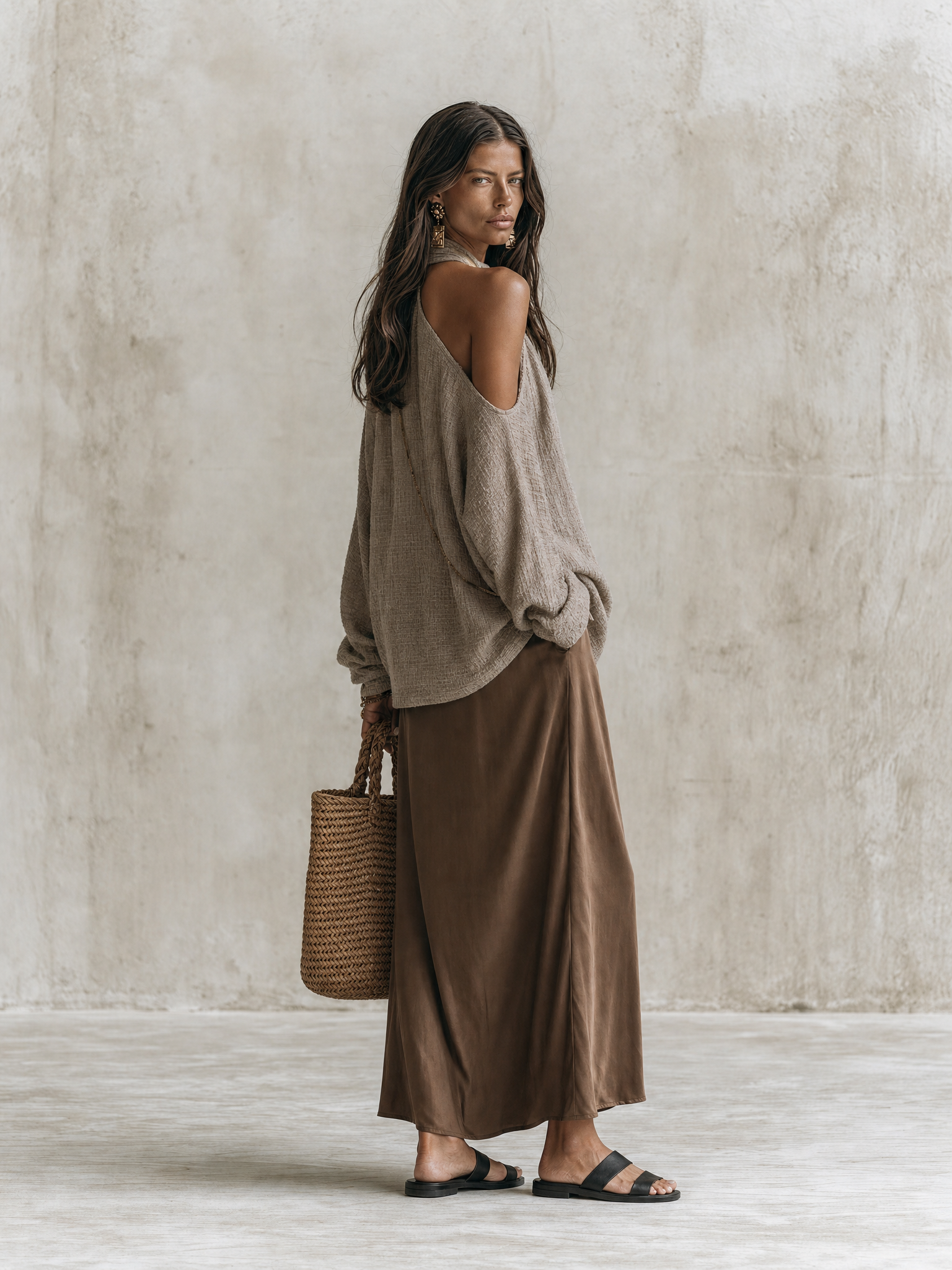 Effortless Chic Taupe Knit Sweater & Brown Satin Maxi Skirt Set