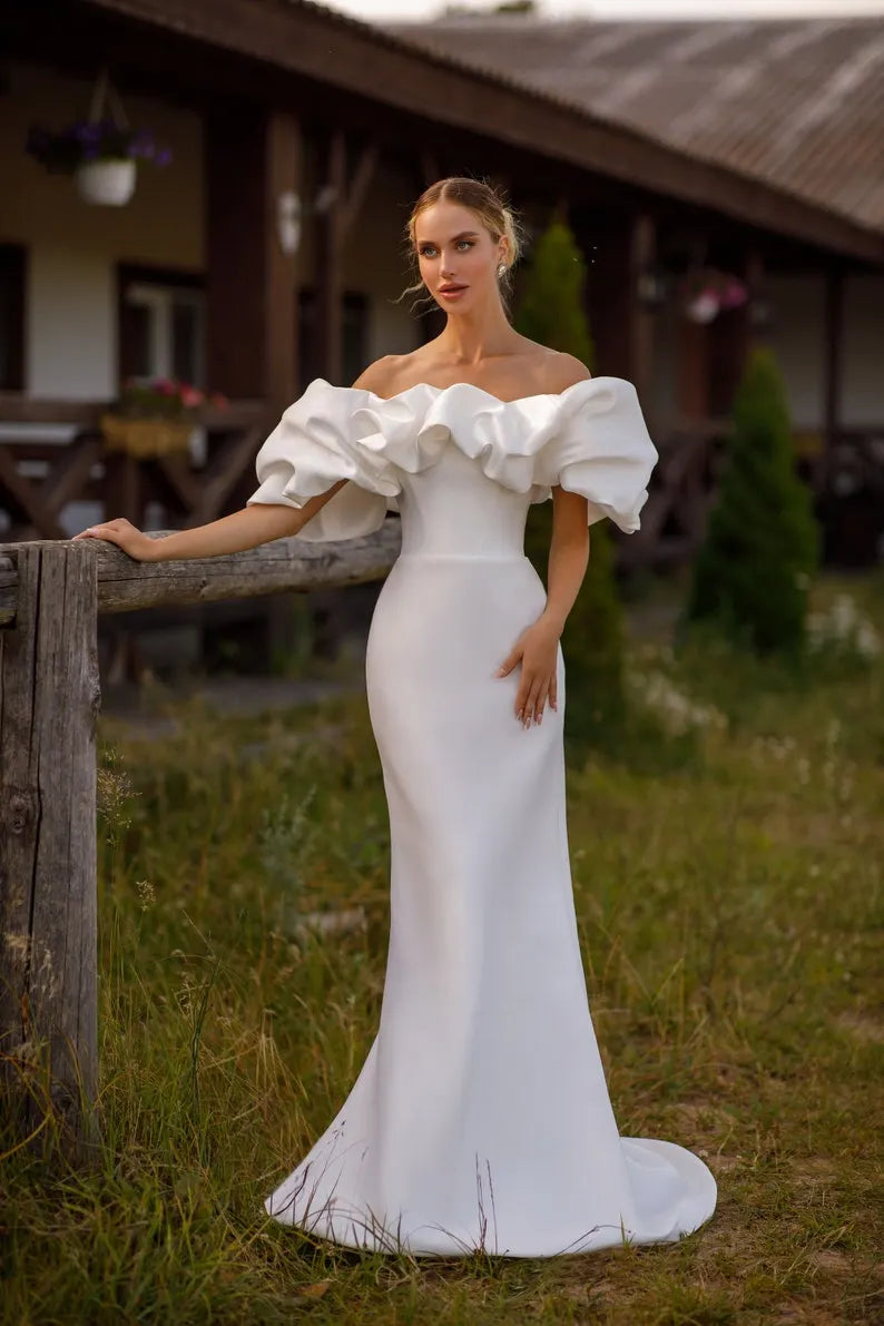 satin ivory bride bridal boho summer beach wedding dress formal ceremony off white mermaid open removable bohemian off shoulder minimalism