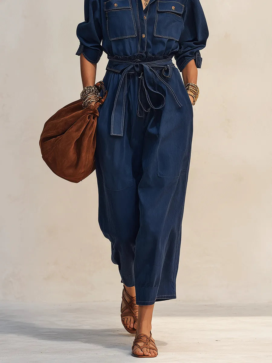 Relaxed Soft Denim Utility Set: Indigo Button-Front Shirt And Cropped Pants