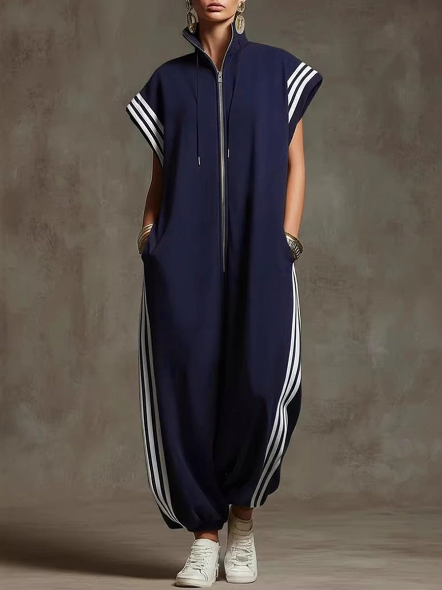 Striped Sleeveless Zipper Oversized Jumpsuit