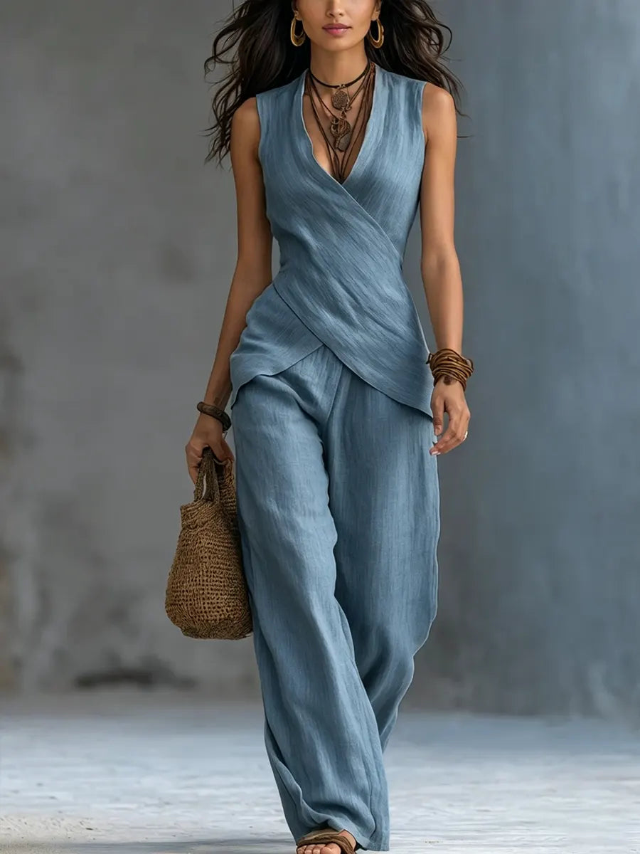 Women's Cross-design Top And Wide-leg Pants Cotton-linen Set