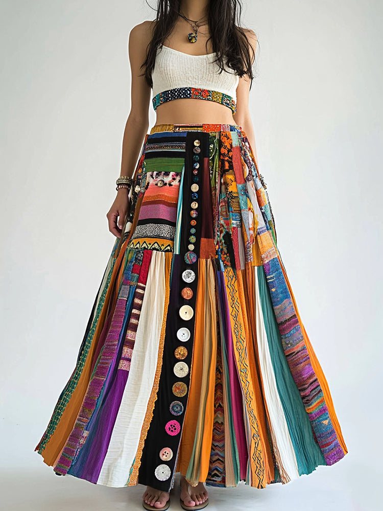Bohemian Colorful Geometric Art Art Linen Blend Skirt