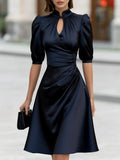 Puff Sleeves Satin Ruched Waist Midi Dress