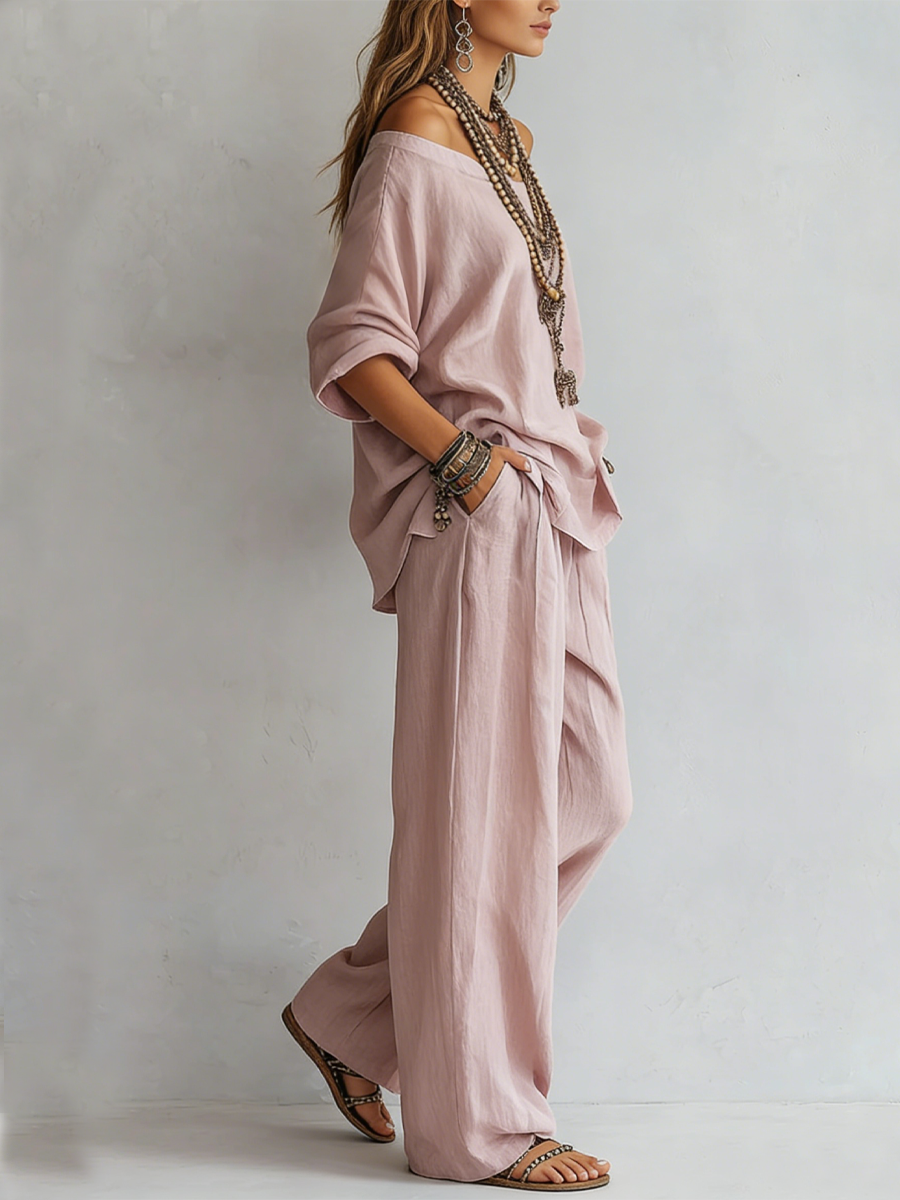 Casual Light Pink Linen Wide-leg Pants Set