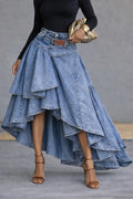 Light Blue Denim Asymmetrical Ruffle Maxi Skirt