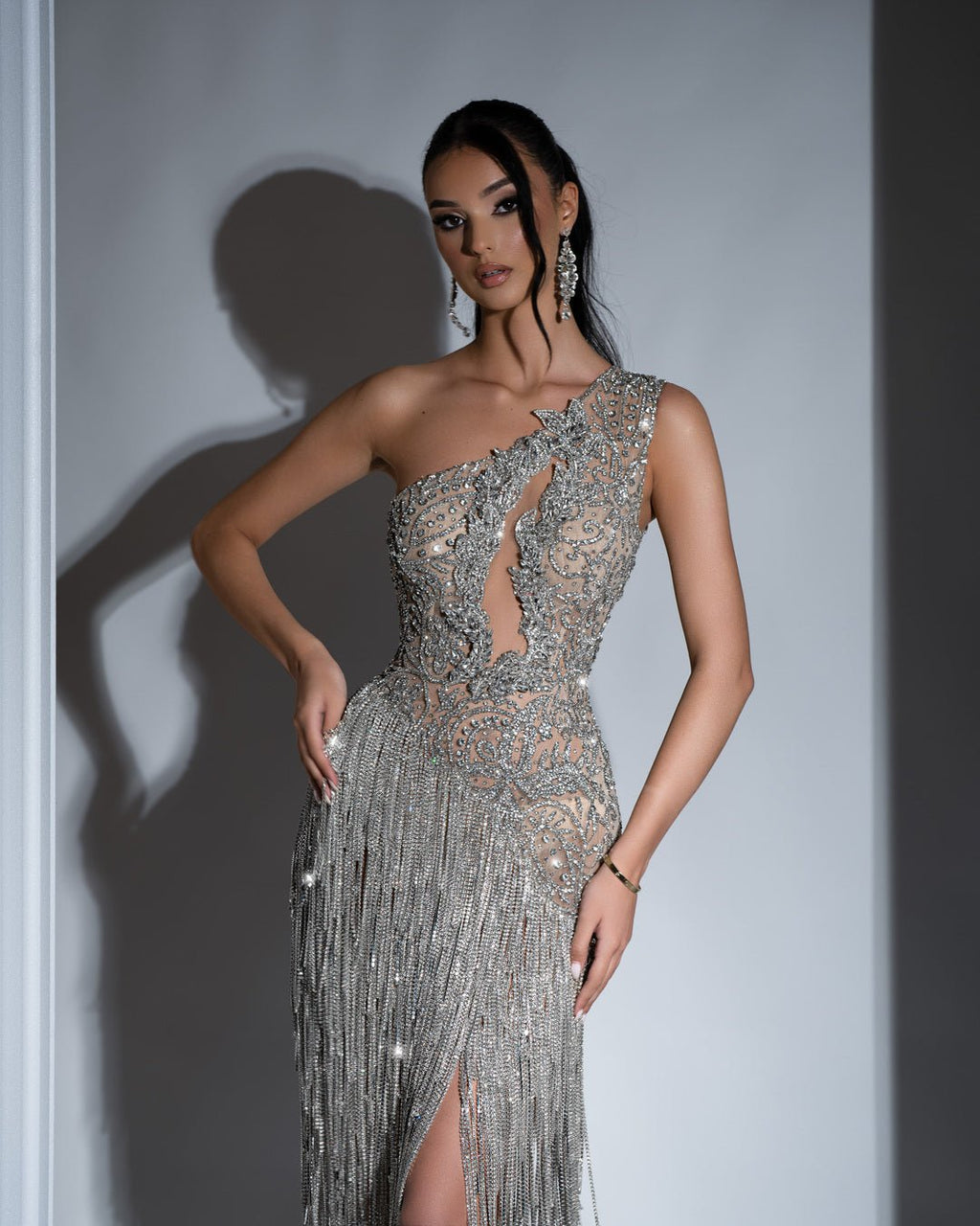 Antéa Silver Dress with Tassels and Crystals
