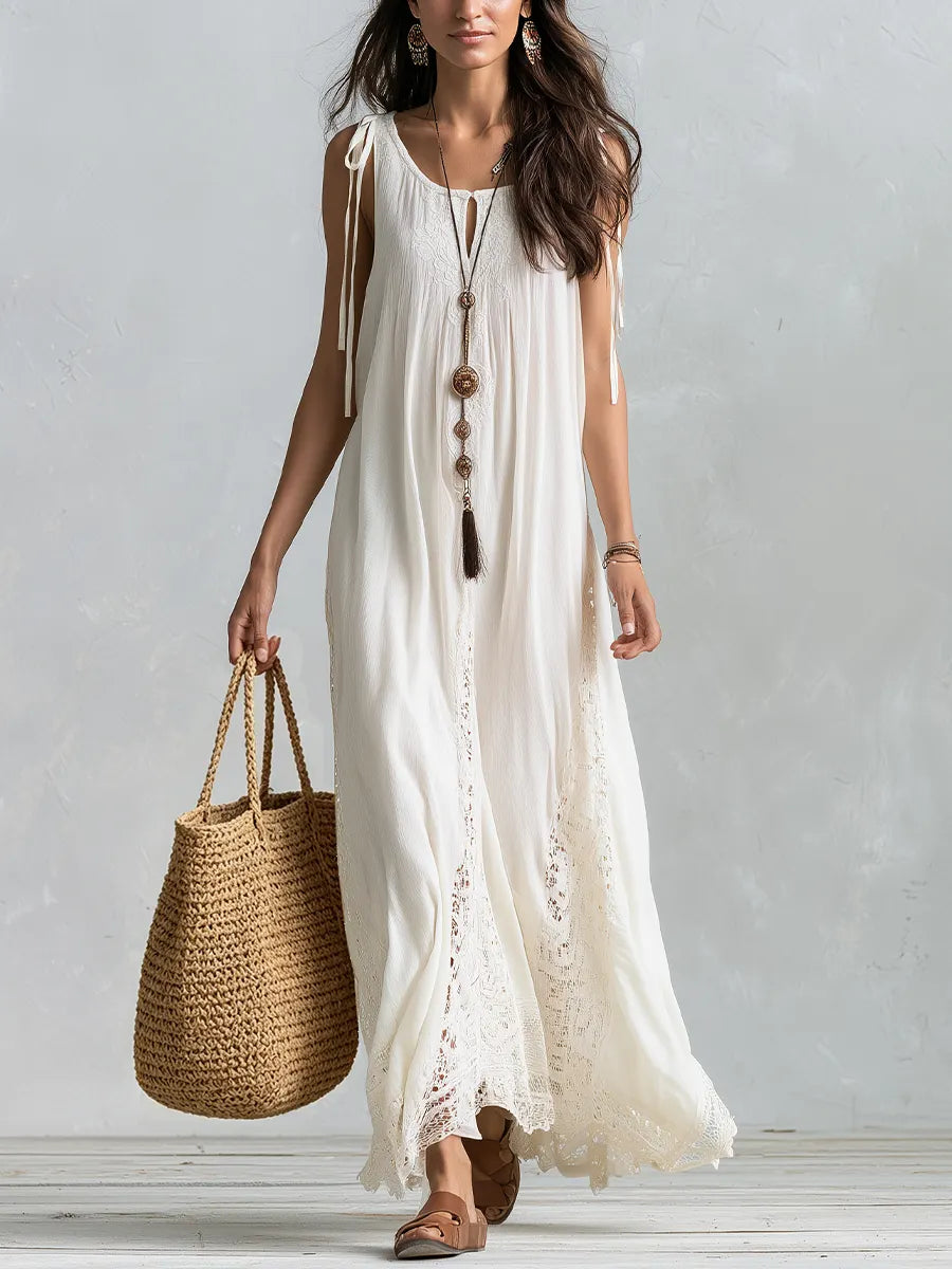 Boho White Lace Panel Belted Maxi Dress