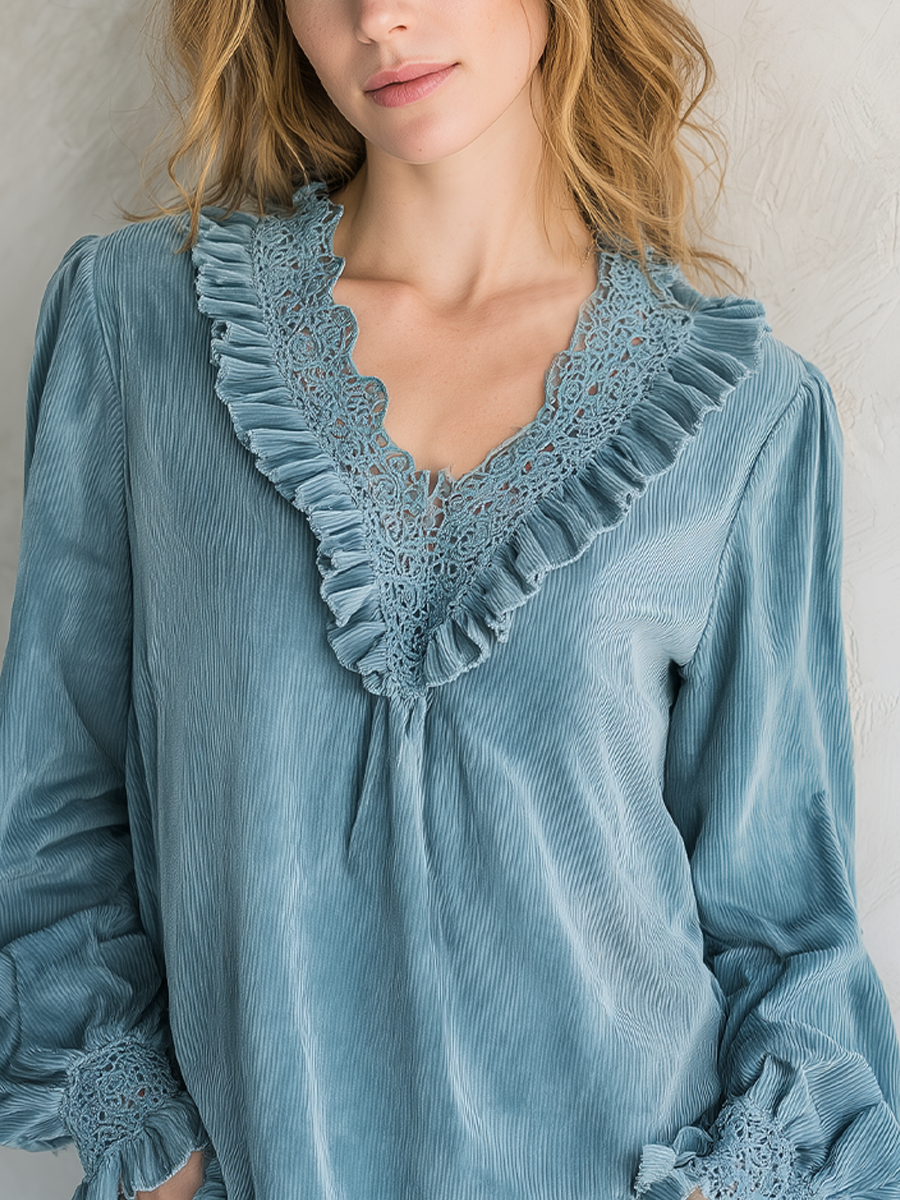Bohemian Gray-blue Lace Corduroy Shirt