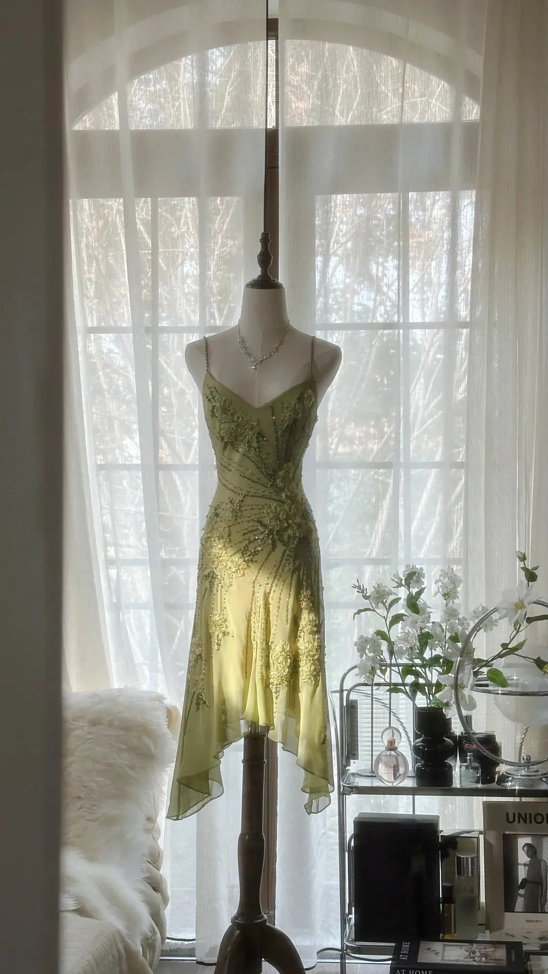 Green Romantic Fashion Elegant Delicate Floral Appliqu ̈¦ Beaded Spaetti Straps Midi/Short Chiffon Ruffle Ball Gown Evening Gown Party Gown 4060