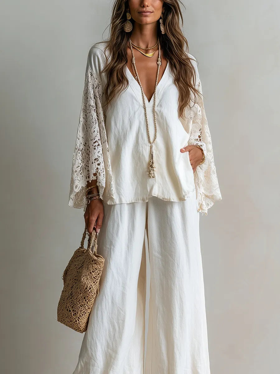 Bohemian White Lace Sleeved Linen Top And Trousers Suit