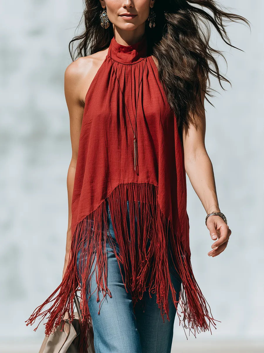 Vintage Red Fringe Halter Neck Top