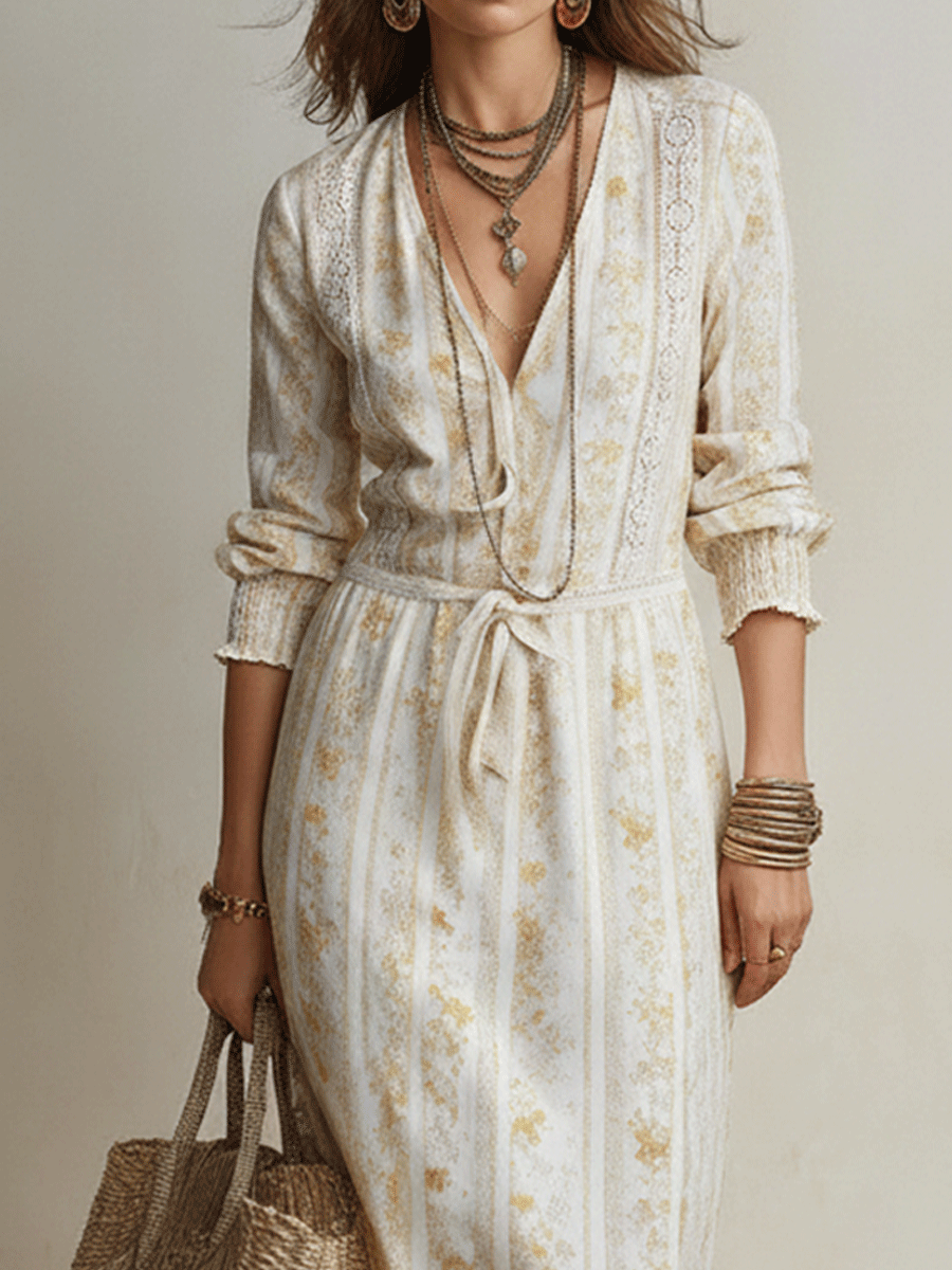 Elegant Vacation Cream Floral Long Sleeve Boho Maxi Dress