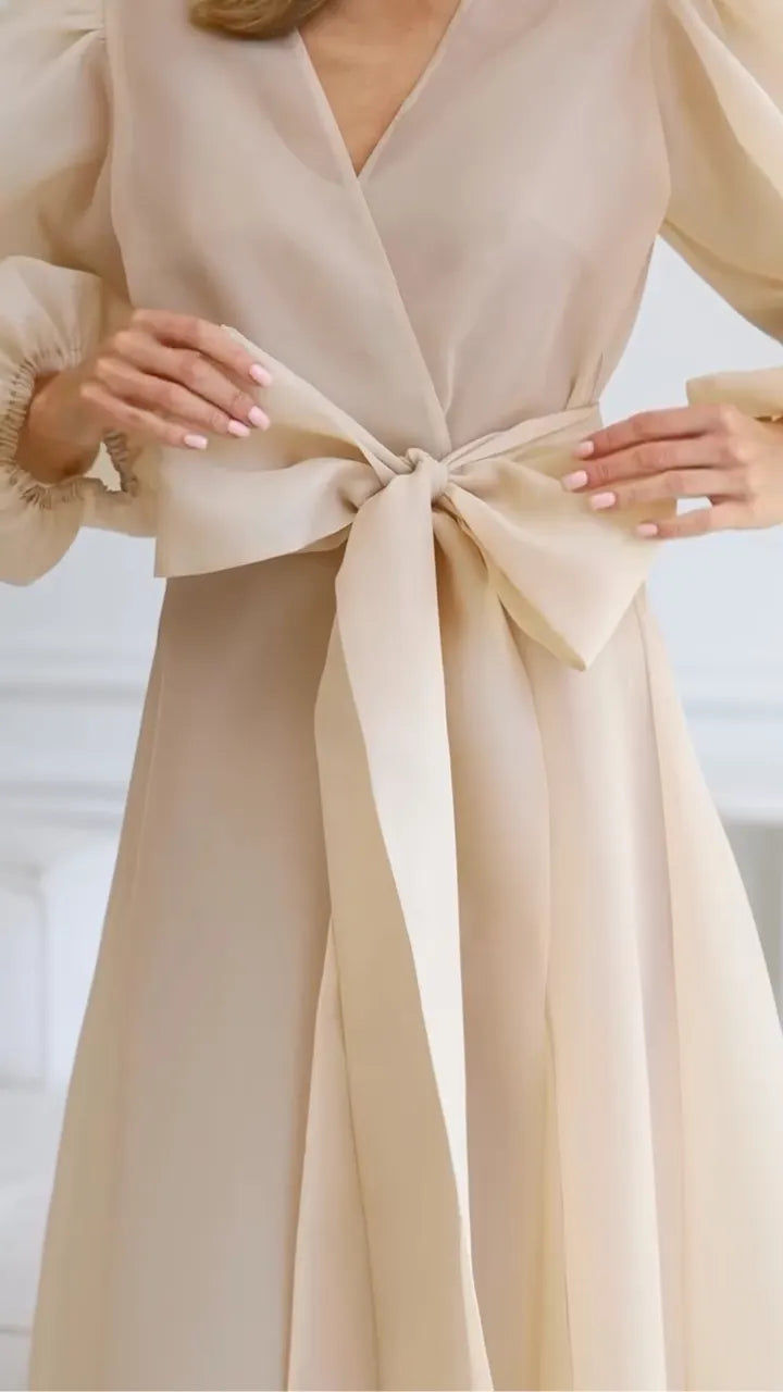 Two Piece Champagne Satin Midi Dress with Organza Puff Sleeve Cardigan