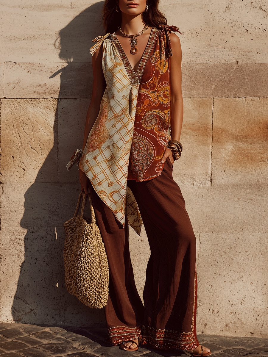 Bohemian Asymmetric Panel Soft Silhouette Casual Tunic Top And Pant Set