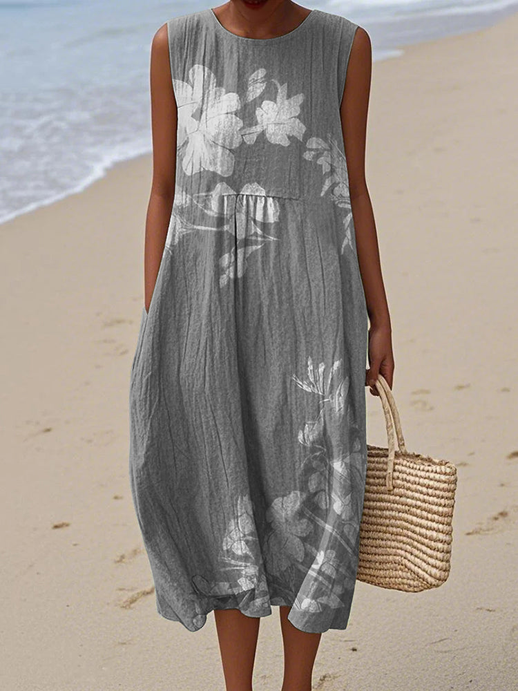 Vintage Loose Floral Art Linen Tank Dress