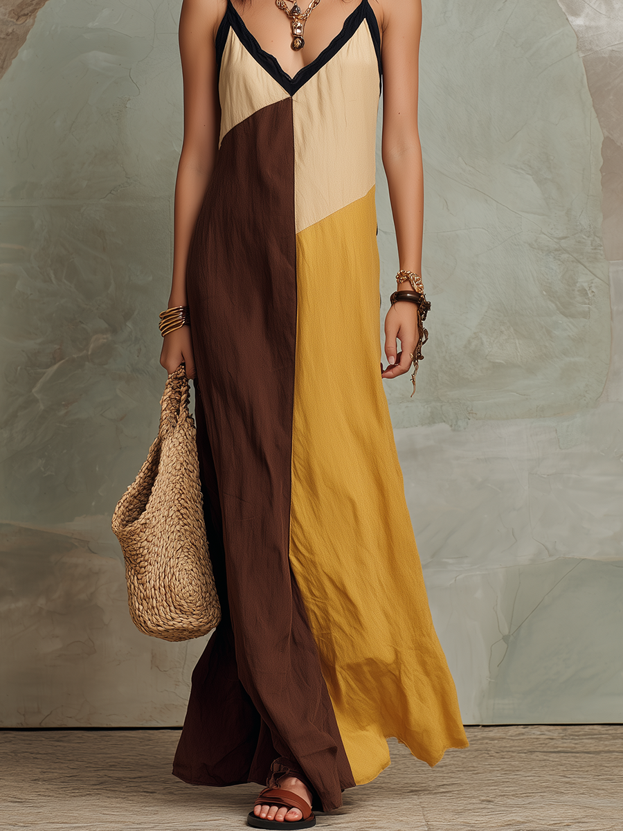 Stylish Color-Blocked A-Line Sleeveless in Earth Tones  Maxi Dress