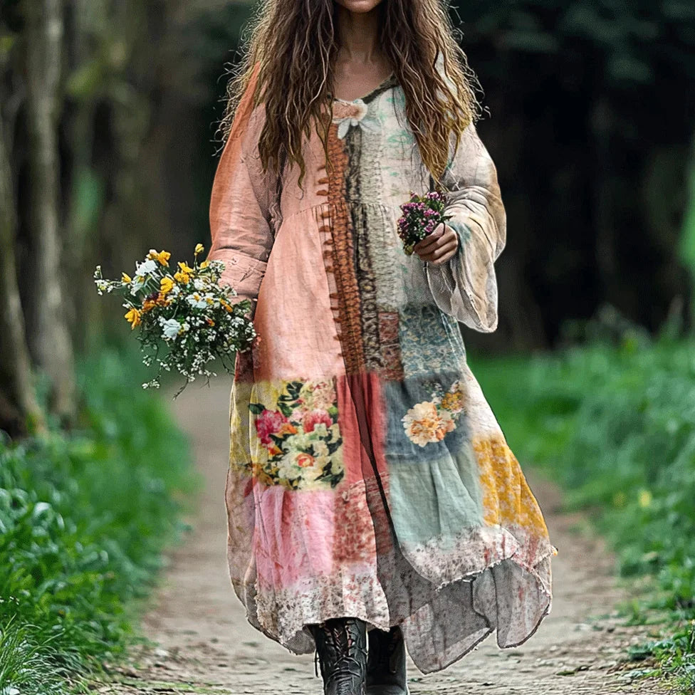 Women's Vintage Bohemian Floral Patch V-neck Cotton And Linen Dress