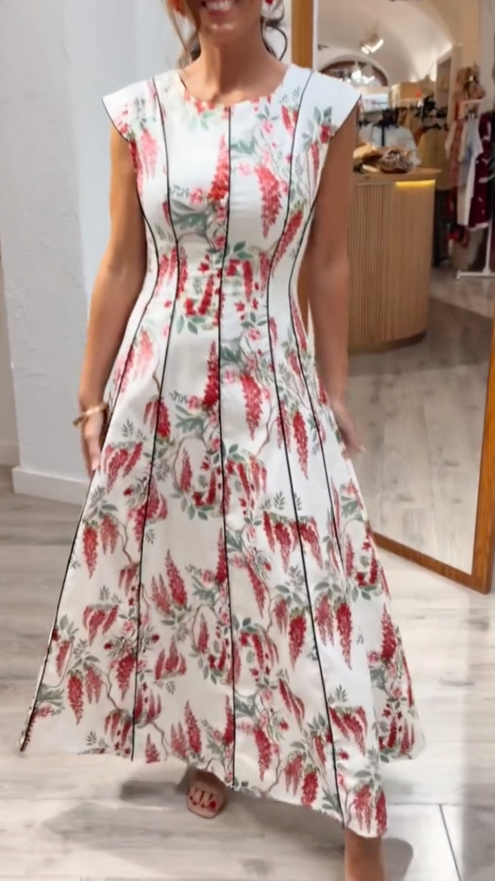 Women's Round Neck Rattan Flower Print Sleeveless Maxi Dress